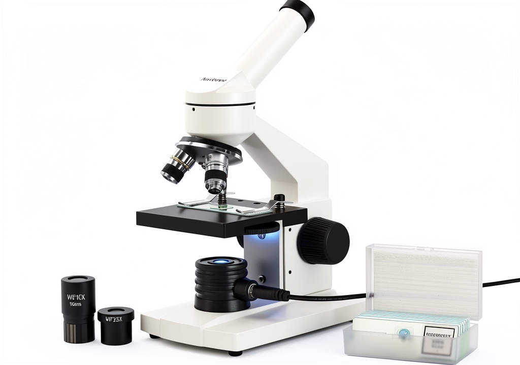 AmScope monocular microscope displaying magnification and slide setup
